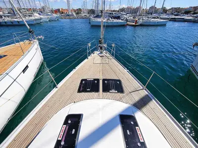 Deck of Aiolos, a Bavaria Cruiser 45 sailboat at Grad Biograd na Moru, Croatia