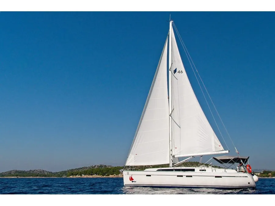 Exterior view of MH 84, a Bavaria Cruiser 46 sailboat at Murter, Croatia