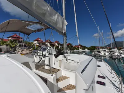 Cockpit of Muzikal, a Lagoon 450 catamaran at Baan Salak Phet, Thailand