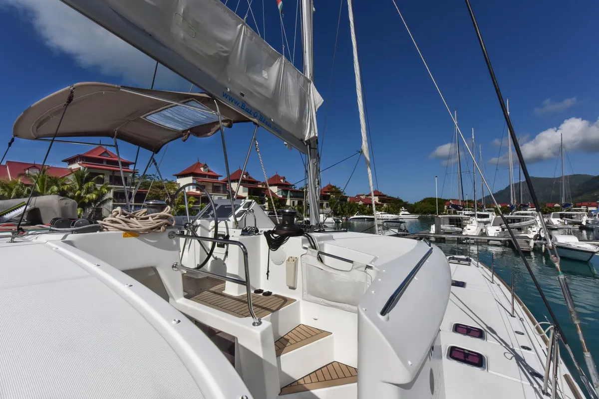 Cockpit of Muzikal, a Lagoon 450 catamaran at Baan Salak Phet, Thailand
