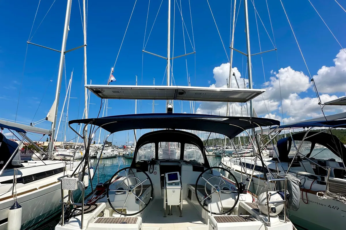 Cockpit of Hendrix, a Jeanneau Sun Odyssey 419 sailboat at Općina Sukošan, Croatia
