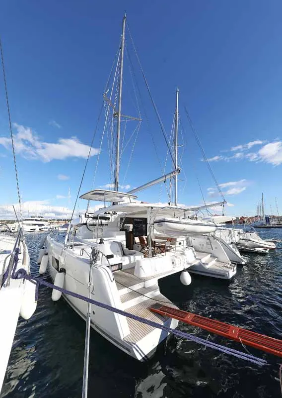 Exterior view of Jaloco, a Lagoon 42 catamaran at Murter, Croatia