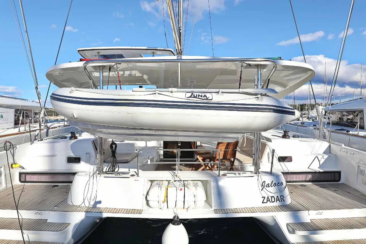 Exterior view of Jaloco, a Lagoon 42 catamaran at Murter, Croatia