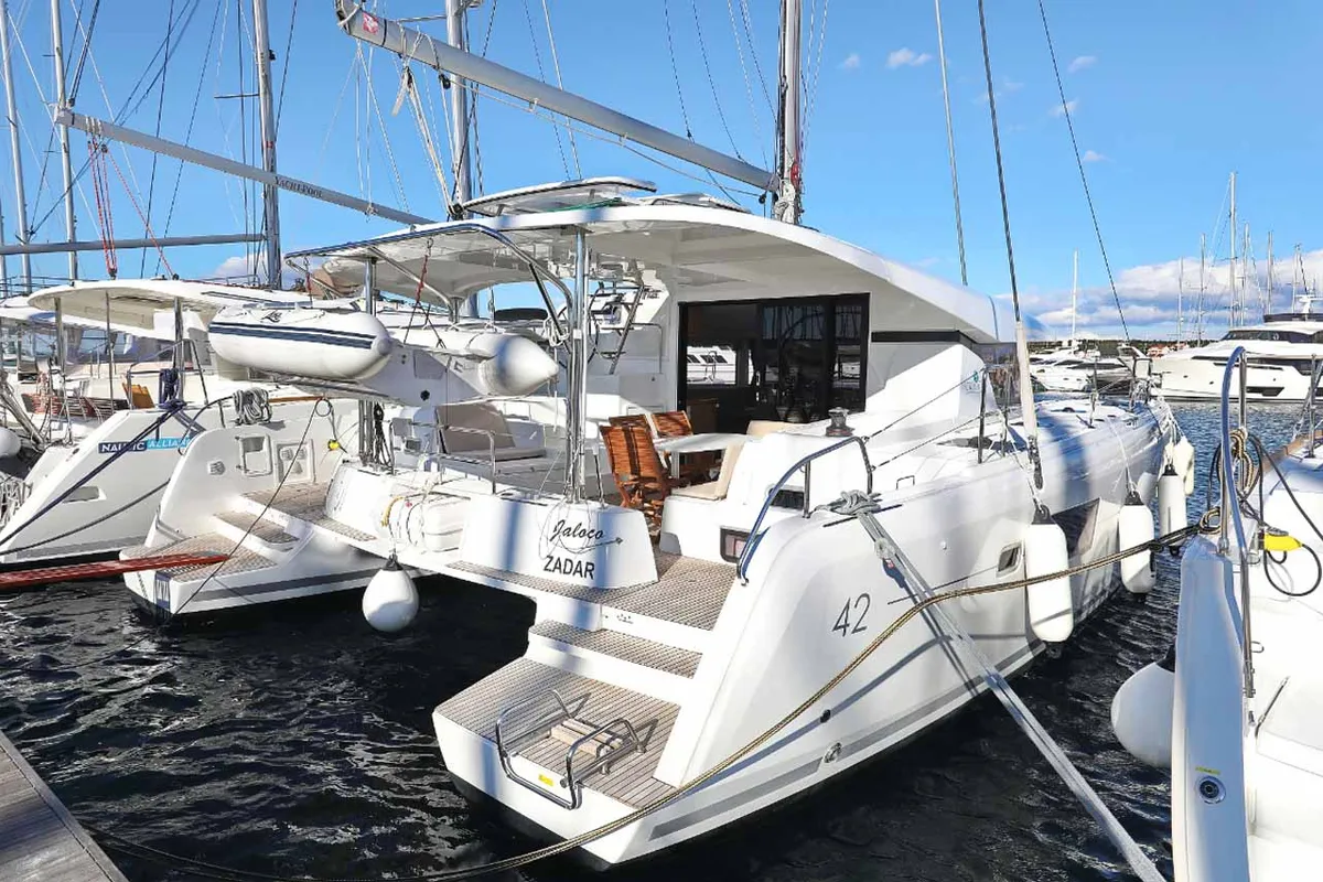 Exterior view of Jaloco, a Lagoon 42 catamaran at Murter, Croatia