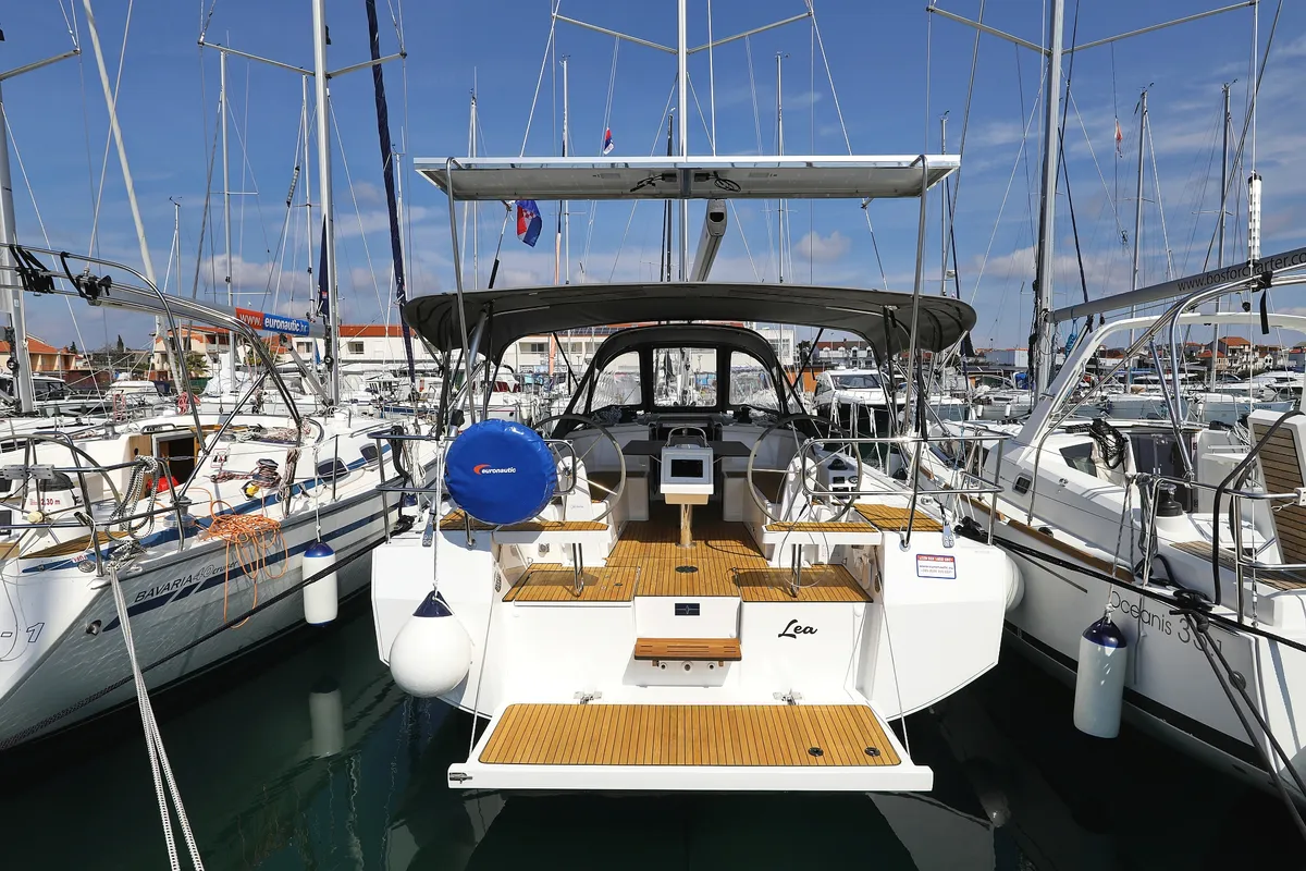 Exterior view of Lea, a Bavaria C38 sailboat at Pirovac, Croatia