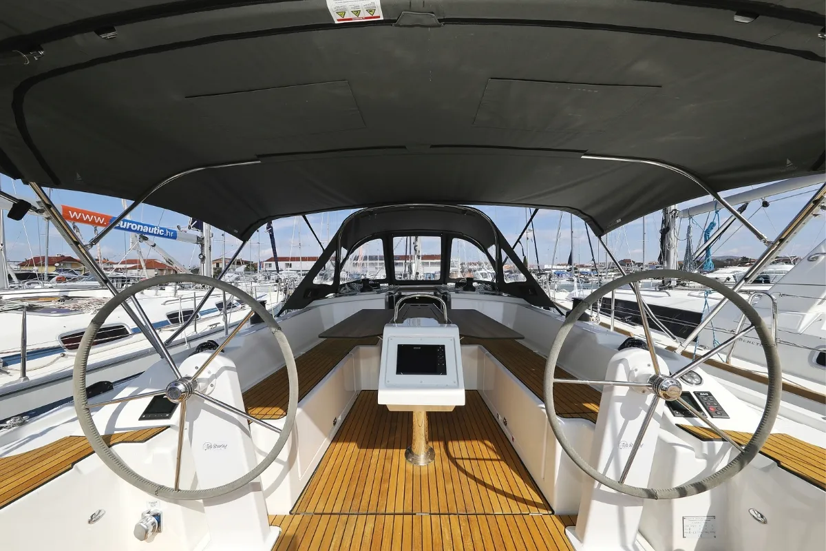 Cockpit of Lea, a Bavaria C38 sailboat at Pirovac, Croatia
