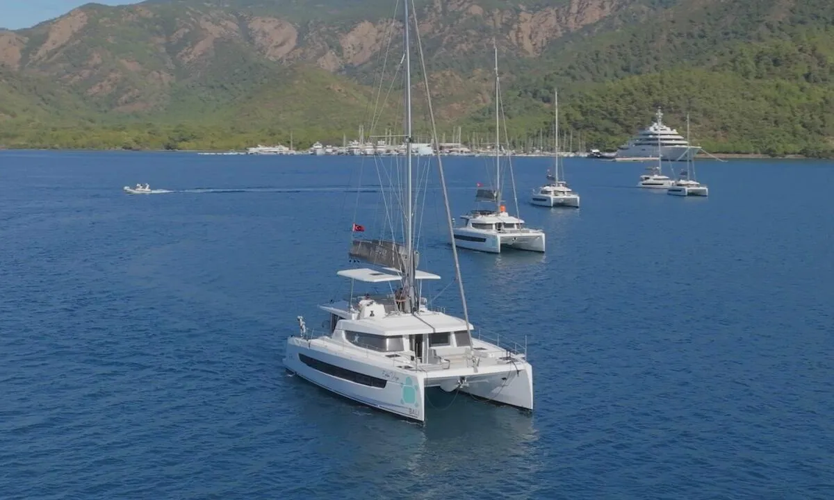 Exterior view of Ediba Virgo, a Bali 4.8 catamaran at Marmaris, Turkey