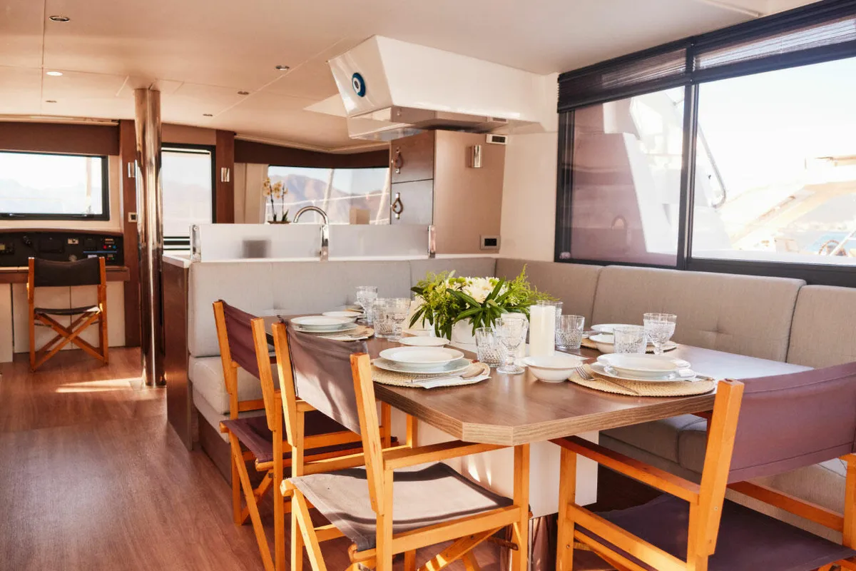 Salon of Ediba Virgo, a Bali 4.8 catamaran at Marmaris, Turkey