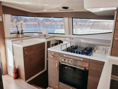 Galley of Ediba Virgo, a Bali 4.8 catamaran at Marmaris, Turkey