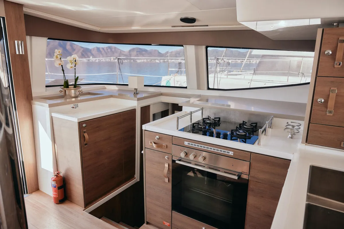 Galley of Ediba Virgo, a Bali 4.8 catamaran at Marmaris, Turkey