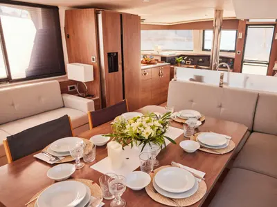 Salon of Ediba Virgo, a Bali 4.8 catamaran at Marmaris, Turkey