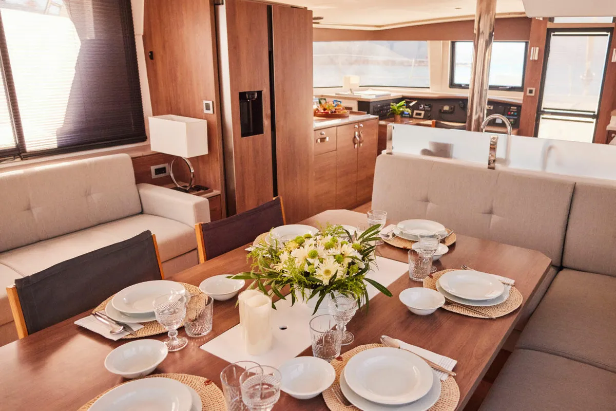 Salon of Ediba Virgo, a Bali 4.8 catamaran at Marmaris, Turkey