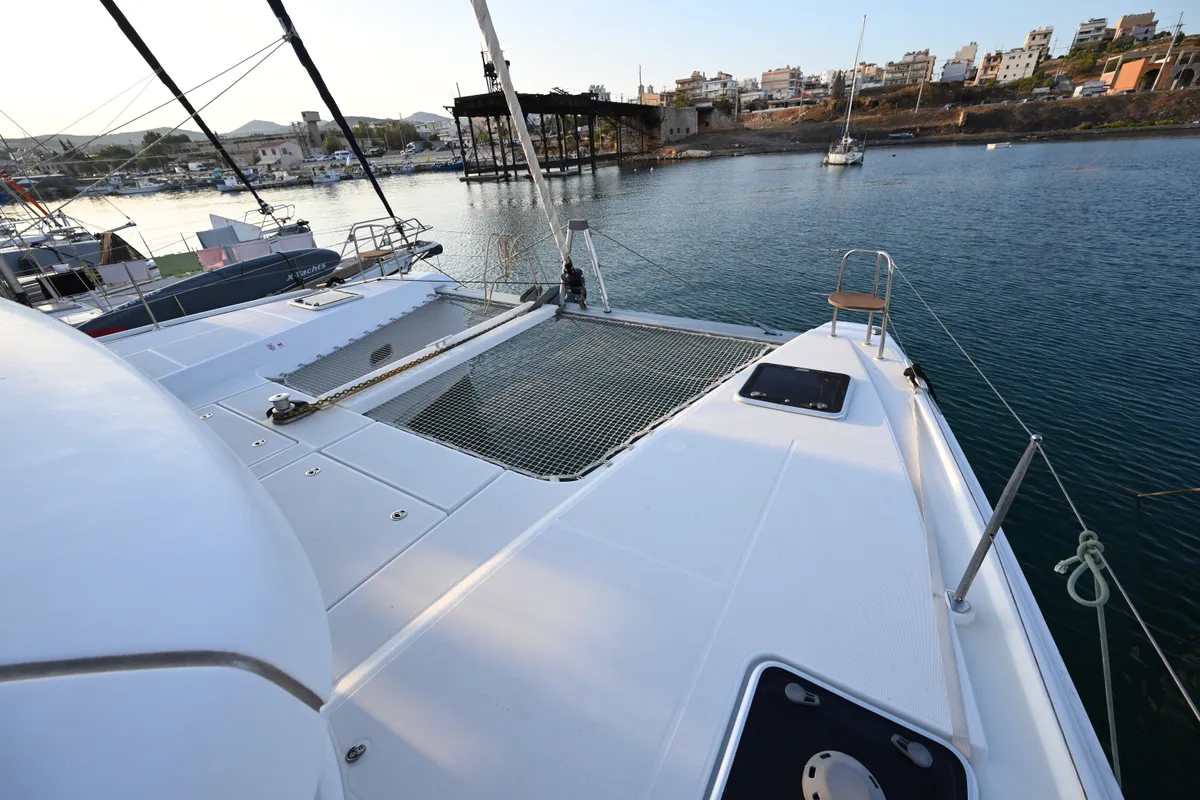 Deck of Alberta, a Lagoon 42 catamaran at Municipal Unit of Lefkada, Greece