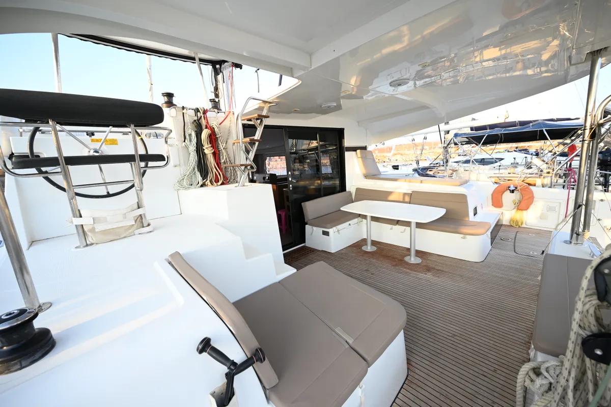 Deck of Alberta, a Lagoon 42 catamaran at Municipal Unit of Lefkada, Greece