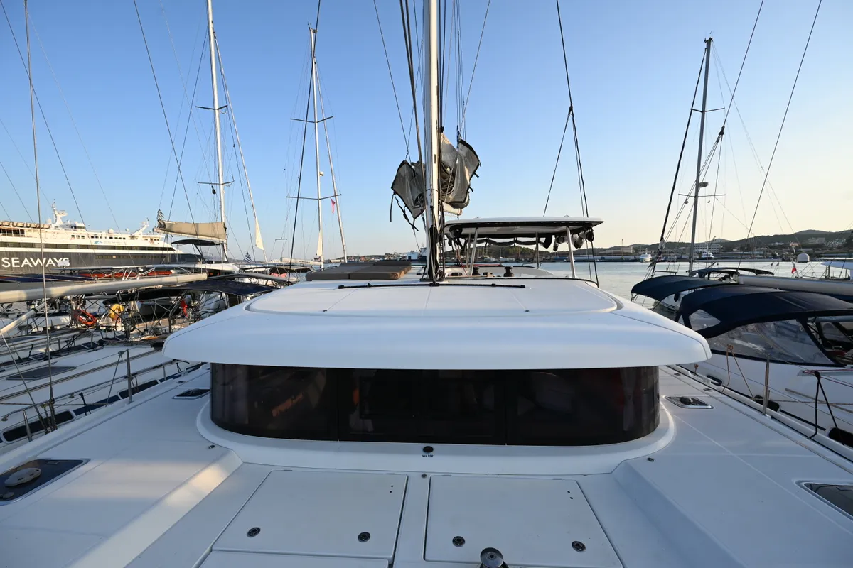Deck of Alberta, a Lagoon 42 catamaran at Municipal Unit of Lefkada, Greece