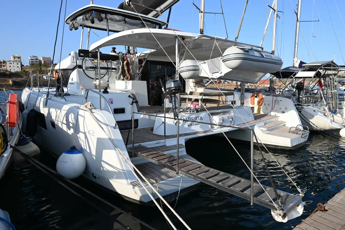 Exterior view of Alberta, a Lagoon 42 catamaran at Municipal Unit of Lefkada, Greece