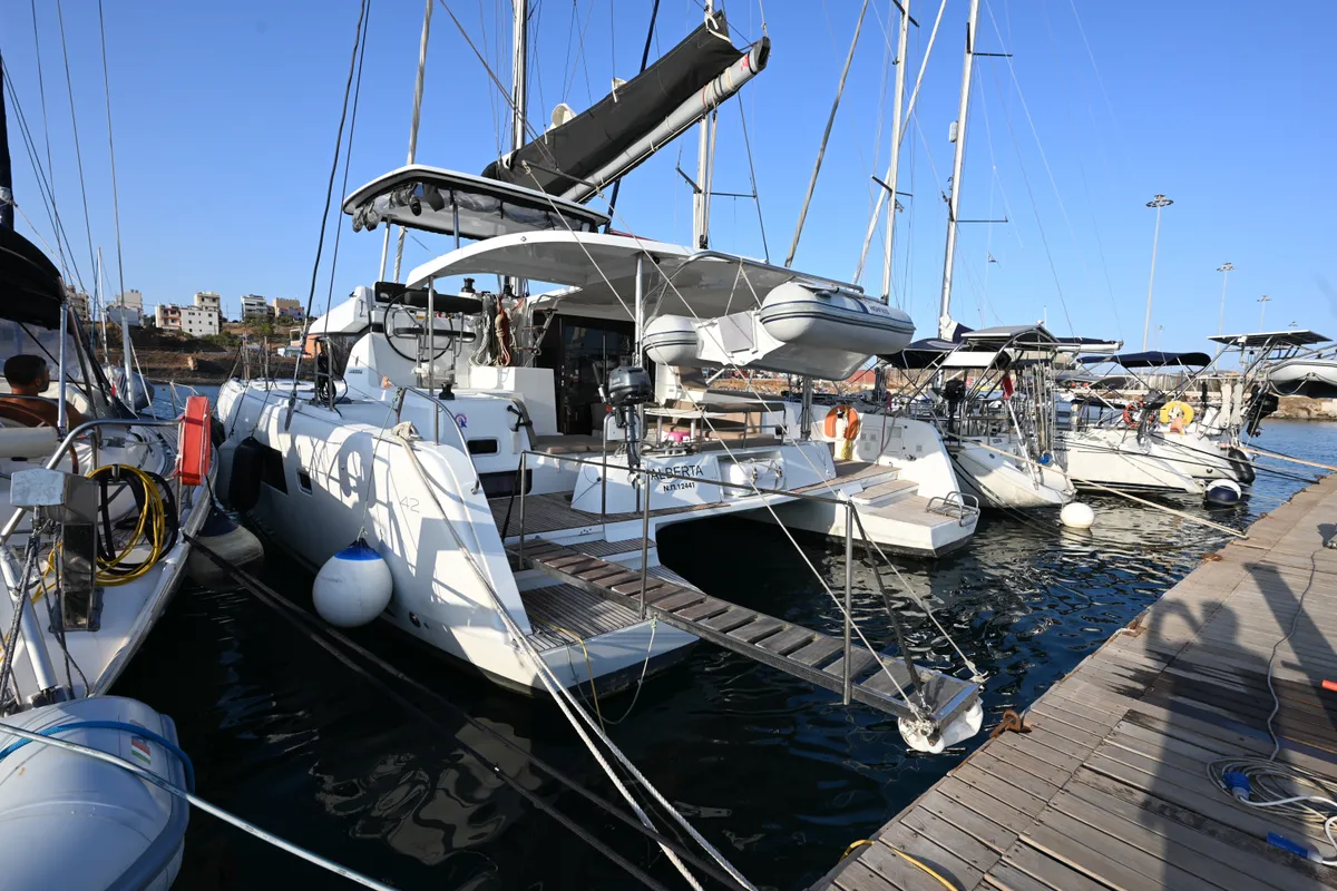 Exterior view of Alberta, a Lagoon 42 catamaran at Municipal Unit of Lefkada, Greece