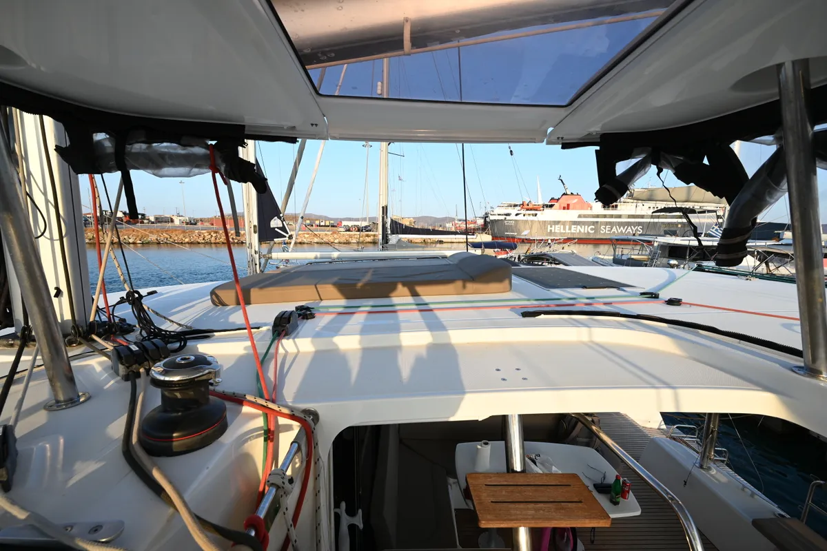 Deck of Alberta, a Lagoon 42 catamaran at Municipal Unit of Lefkada, Greece