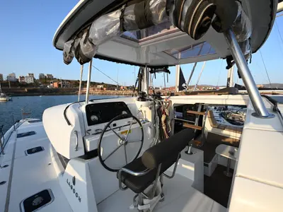 Cockpit of Alberta, a Lagoon 42 catamaran at Municipal Unit of Lefkada, Greece