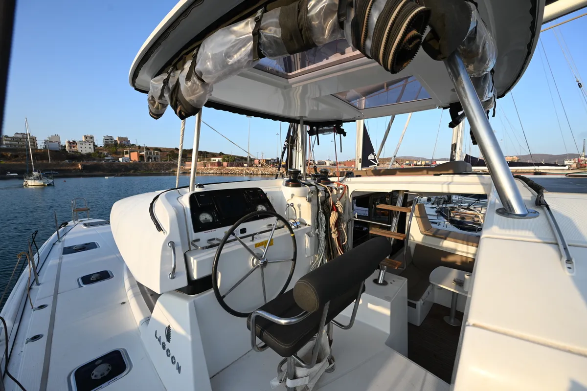 Cockpit of Alberta, a Lagoon 42 catamaran at Municipal Unit of Lefkada, Greece