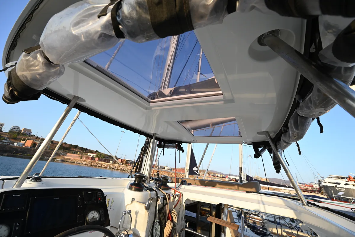 Cockpit of Alberta, a Lagoon 42 catamaran at Municipal Unit of Lefkada, Greece