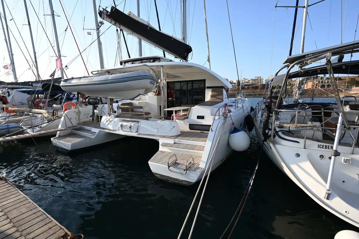 Exterior view of Alberta, a Lagoon 42 catamaran at Municipal Unit of Lefkada, Greece