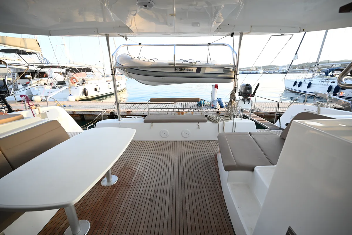 Deck of Alberta, a Lagoon 42 catamaran at Municipal Unit of Lefkada, Greece