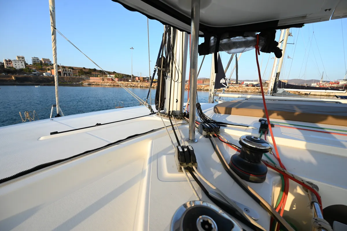 Deck of Alberta, a Lagoon 42 catamaran at Municipal Unit of Lefkada, Greece