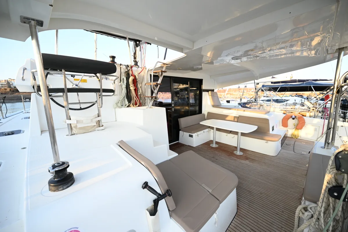 Cockpit of Alberta, a Lagoon 42 catamaran at Municipal Unit of Lefkada, Greece