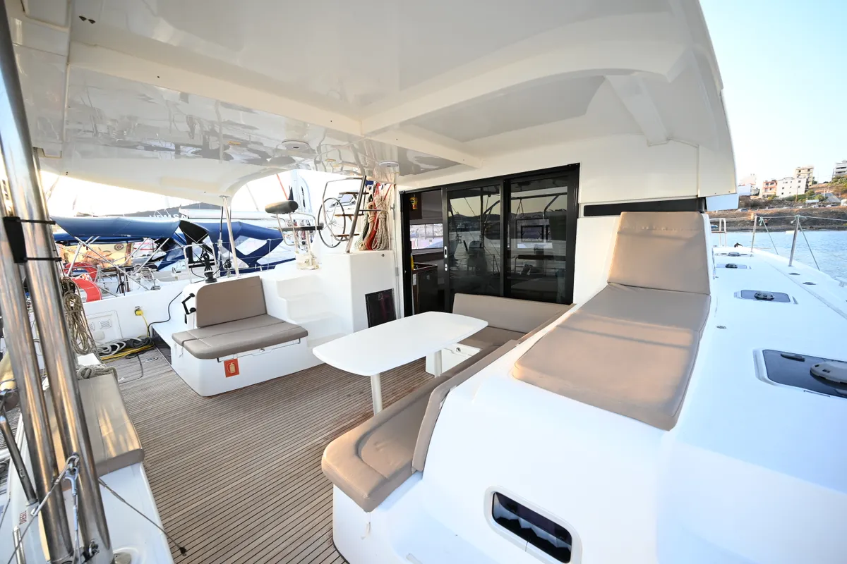 Deck of Alberta, a Lagoon 42 catamaran at Municipal Unit of Lefkada, Greece