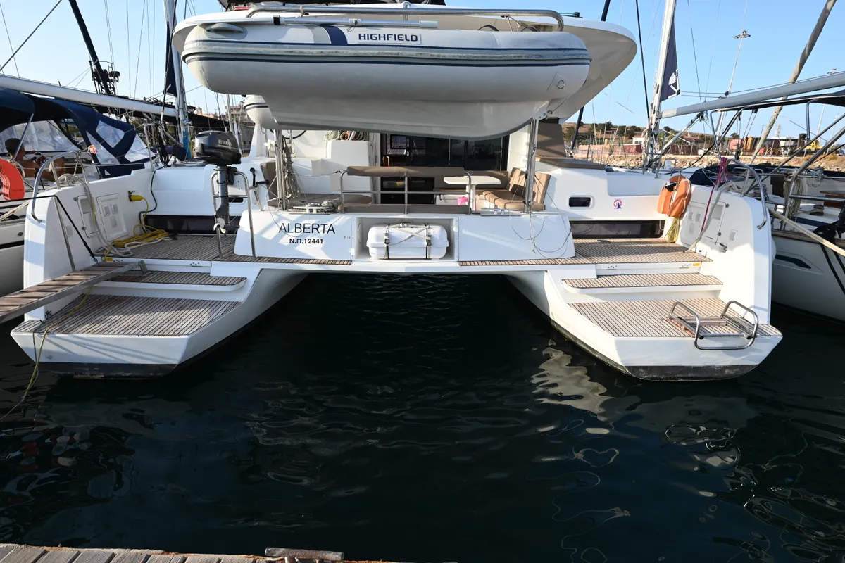 Exterior view of Alberta, a Lagoon 42 catamaran at Municipal Unit of Lefkada, Greece