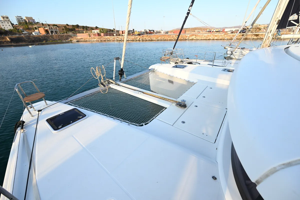 Deck of Alberta, a Lagoon 42 catamaran at Municipal Unit of Lefkada, Greece
