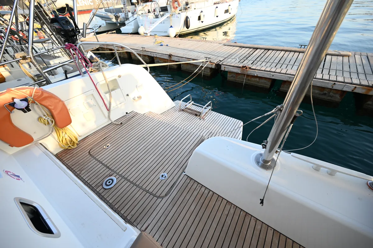 Deck of Alberta, a Lagoon 42 catamaran at Municipal Unit of Lefkada, Greece