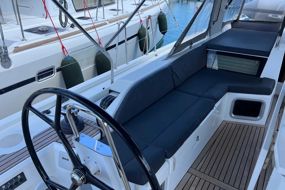 Cockpit of Shine, a Beneteau Oceanis 51.1 sailboat at Kontokali, Greece