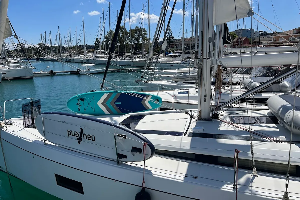 Deck of Shine, a Beneteau Oceanis 51.1 sailboat at Kontokali, Greece