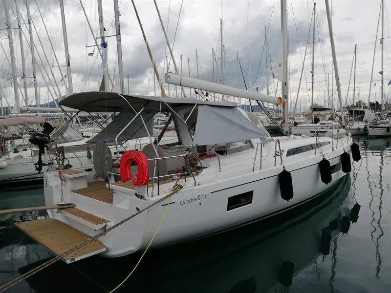 Exterior view of Shine, a Beneteau Oceanis 51.1 sailboat at Kontokali, Greece
