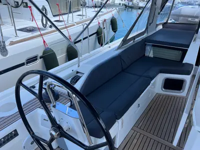 Cockpit of Shine, a Beneteau Oceanis 51.1 sailboat at Kontokali, Greece