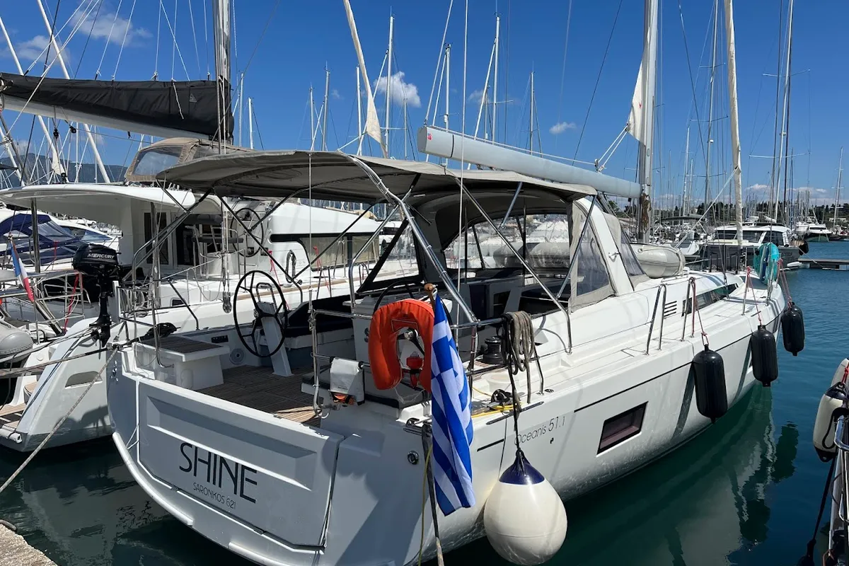 Exterior view of Shine, a Beneteau Oceanis 51.1 sailboat at Kontokali, Greece