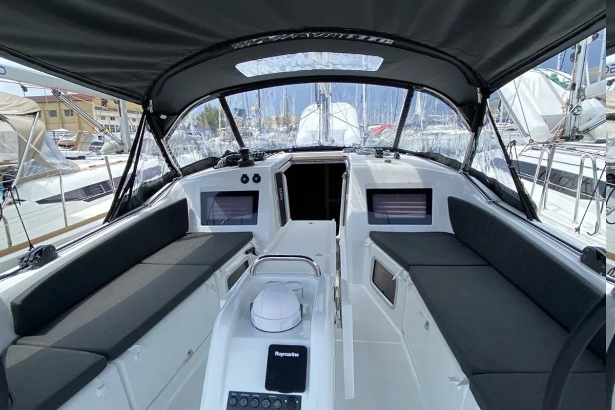 Cockpit of night elli, a Jeanneau Sun Odyssey 410 sailboat at Trogir, Croatia