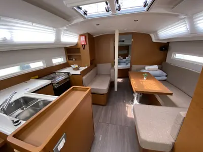 Salon of night elli, a Jeanneau Sun Odyssey 410 sailboat at Trogir, Croatia