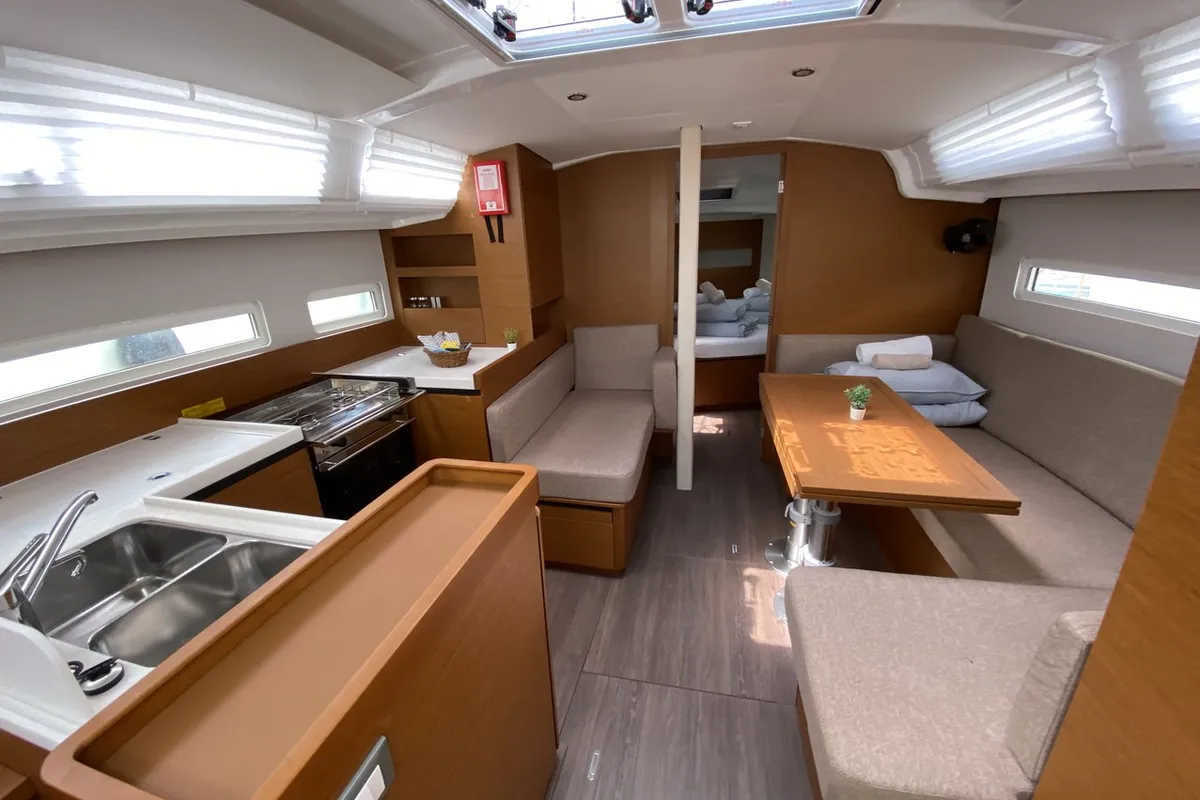 Salon of night elli, a Jeanneau Sun Odyssey 410 sailboat at Trogir, Croatia