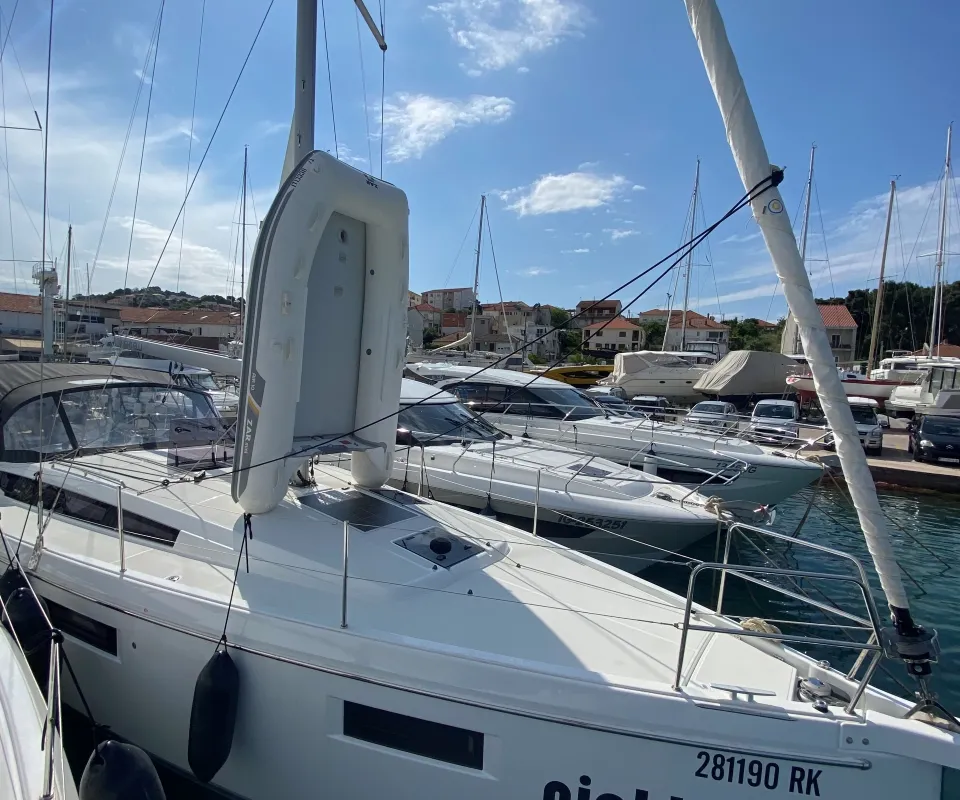 Exterior view of night elli, a Jeanneau Sun Odyssey 410 sailboat at Trogir, Croatia