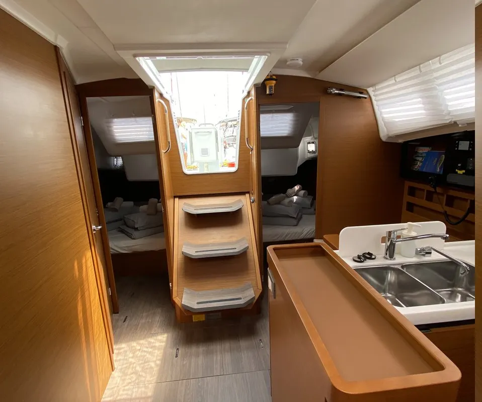 Salon of night elli, a Jeanneau Sun Odyssey 410 sailboat at Trogir, Croatia
