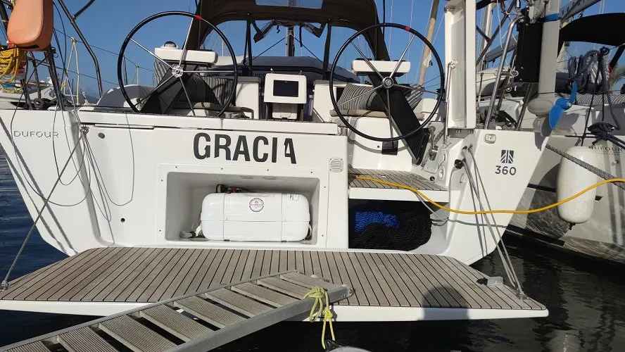 Exterior view of Gracia, a Dufour 360 GL sailboat at Fethiye, Turkey