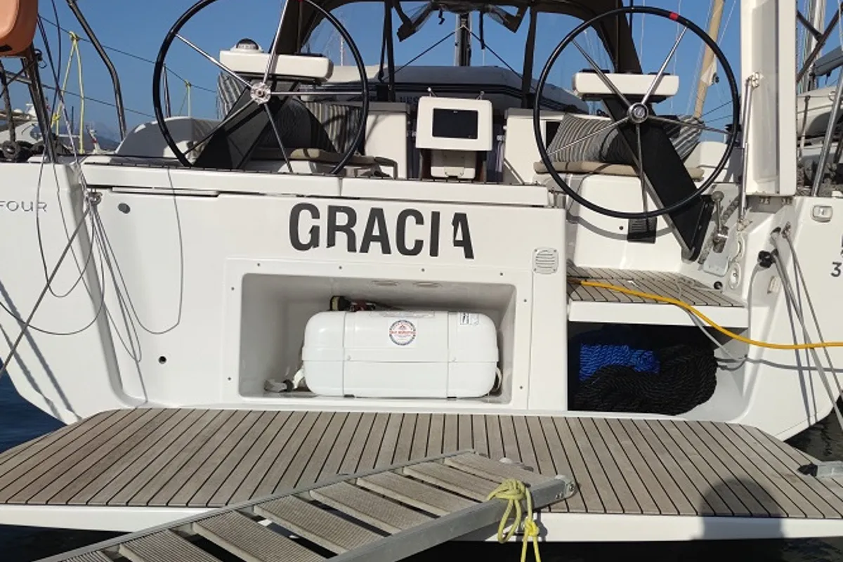 Exterior view of Gracia, a Dufour 360 GL sailboat at Fethiye, Turkey