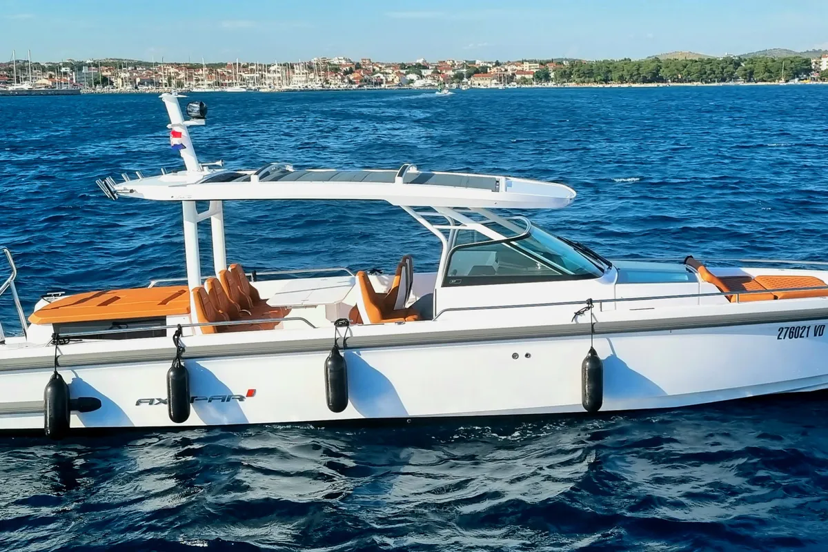 Exterior view of Axe, a Axopar 37 Sun Top motorboat at Grad Vodice, Croatia
