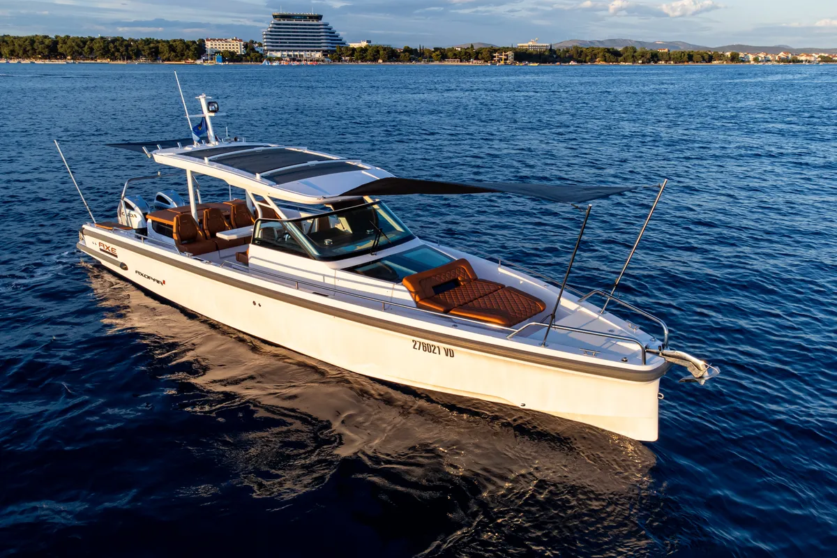 Exterior view of Axe, a Axopar 37 Sun Top motorboat at Grad Vodice, Croatia