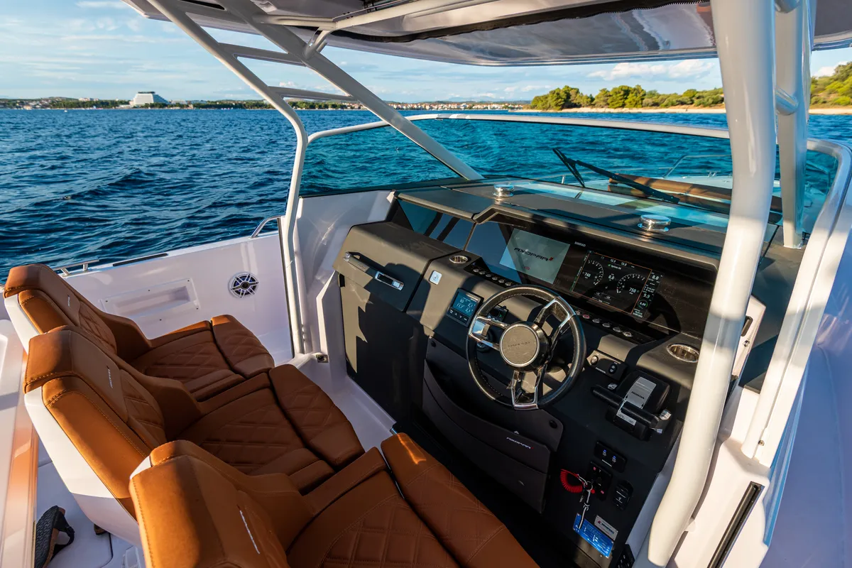 Cockpit of Axe, a Axopar 37 Sun Top motorboat at Grad Vodice, Croatia