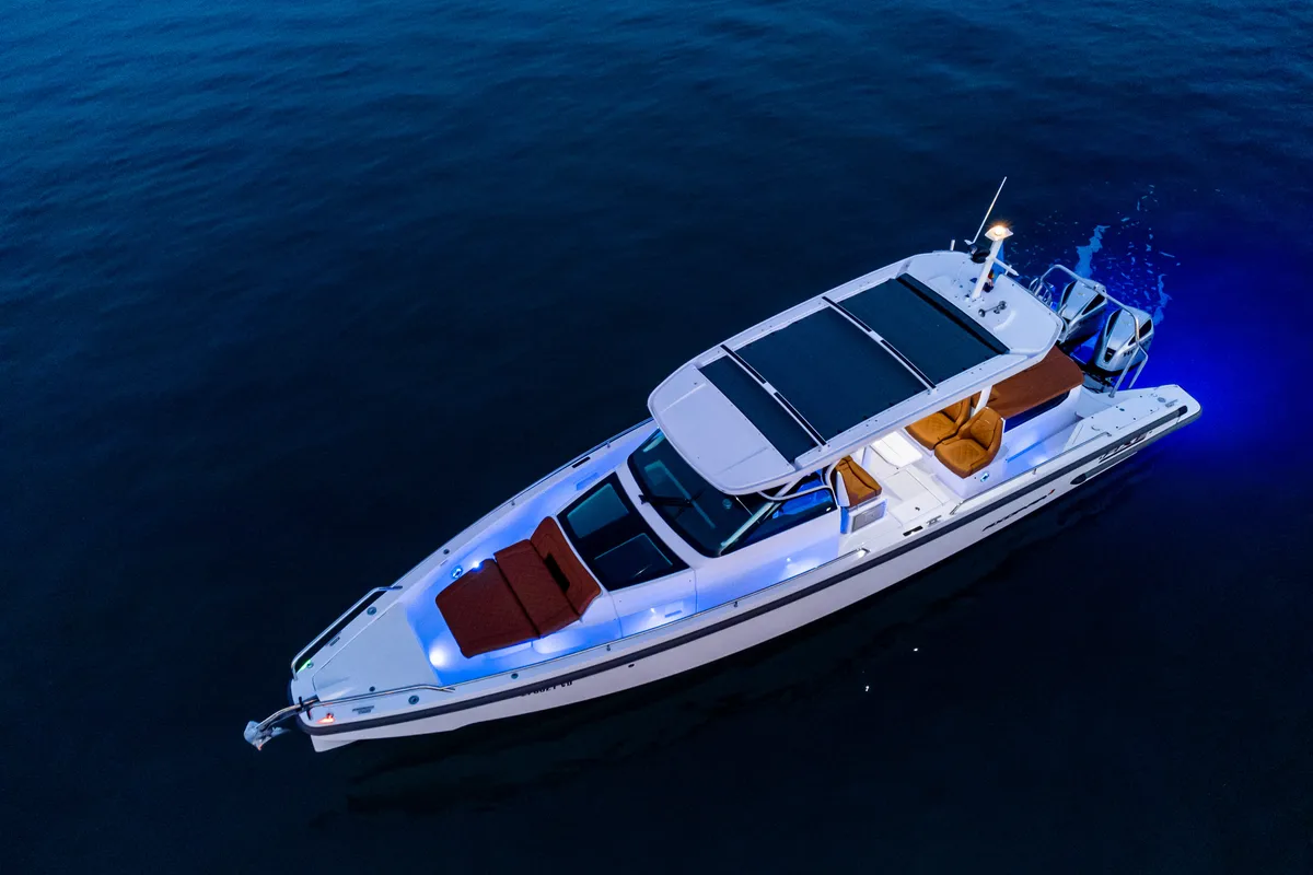 Exterior view of Axe, a Axopar 37 Sun Top motorboat at Grad Vodice, Croatia