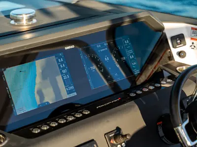 Cockpit of Axe, a Axopar 37 Sun Top motorboat at Grad Vodice, Croatia